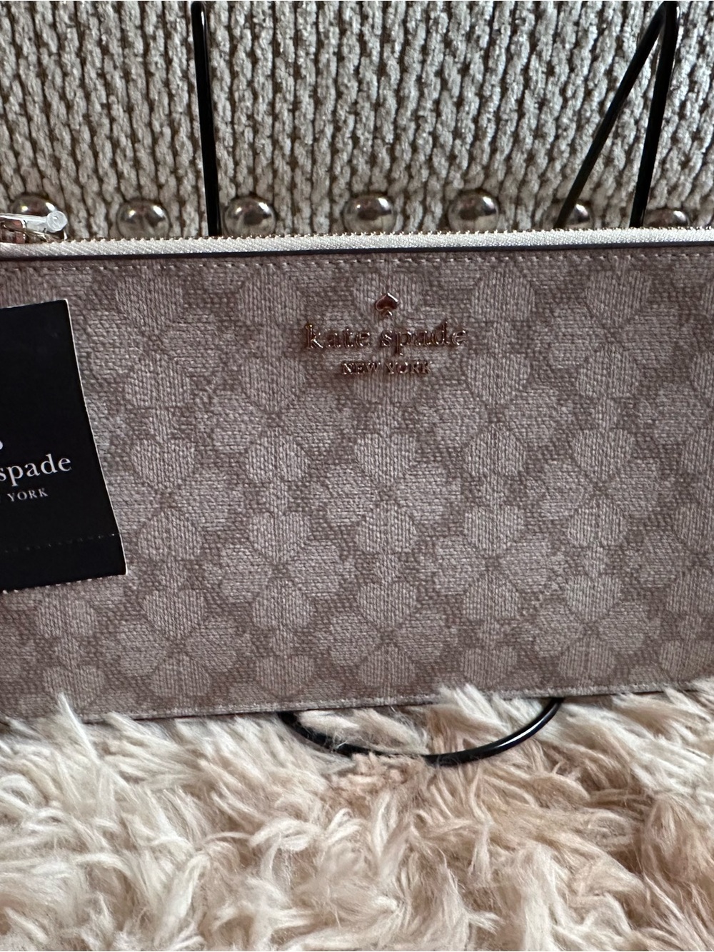 NWT Kate Spade Taupe Patterned Wristlet with Gold Logo